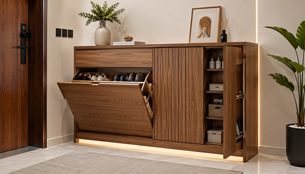 Wooden Shoe Rack Cabinet with Hidden Storage