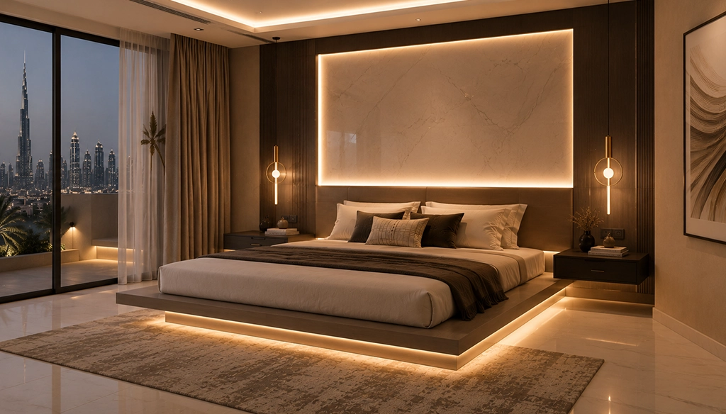 luxury floating bed with integrated lightingg