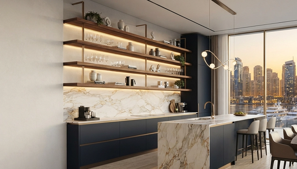 open shelving with base cabinets