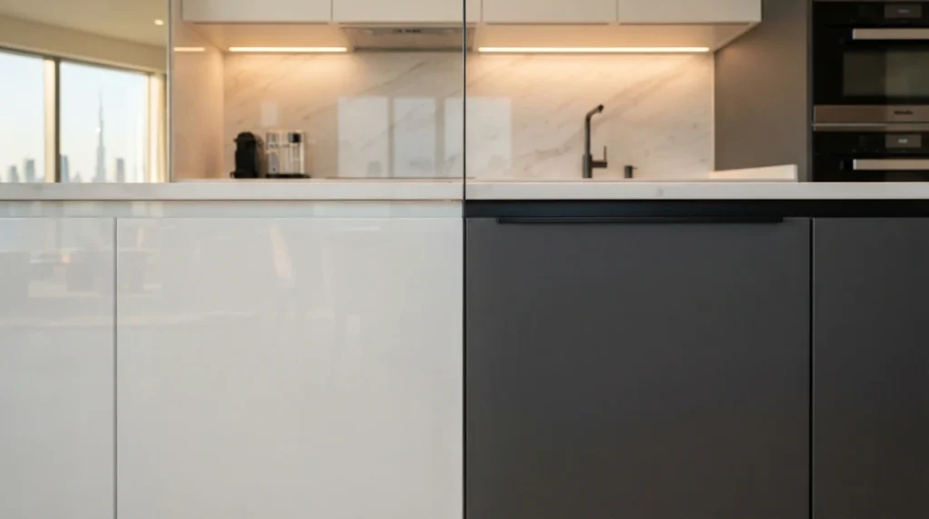 Comparing gloss and matte kitchen cabinet finishes Dubai
