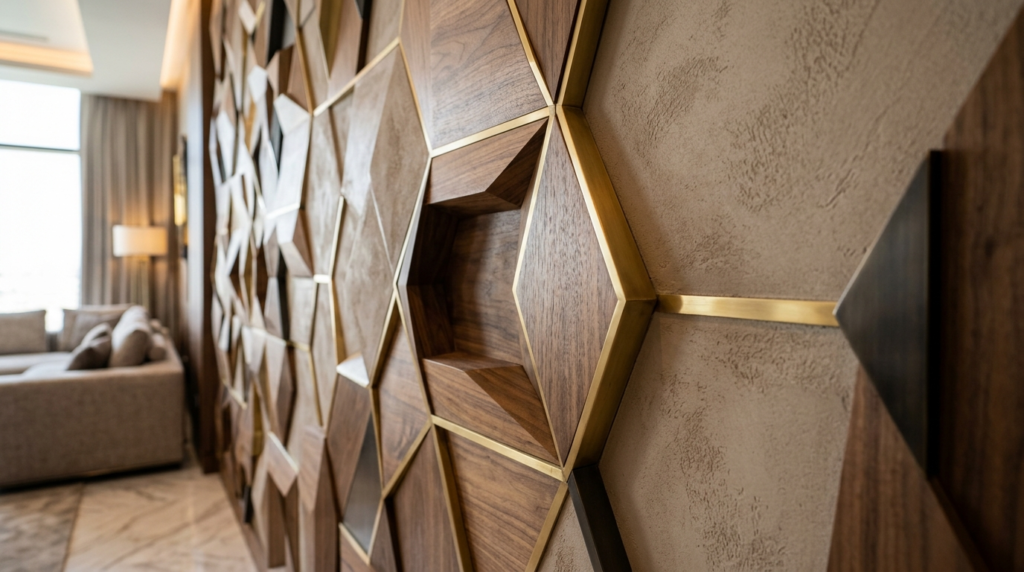 Wooden wall panel design in a modern Dubai living room