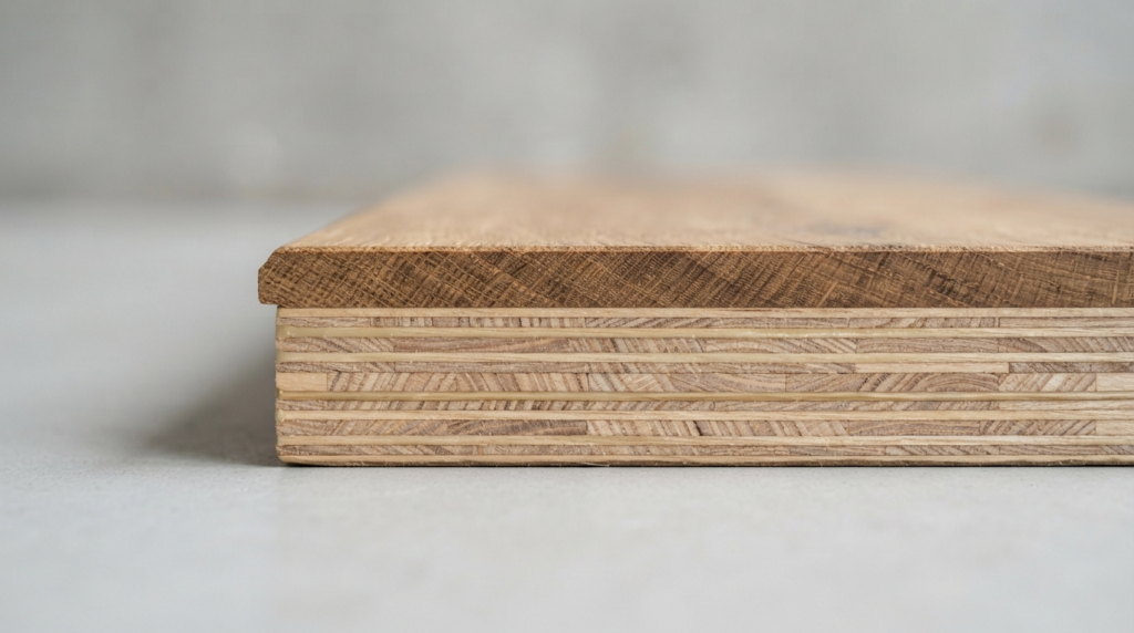 Engineered wood flooring layers shown in cross section