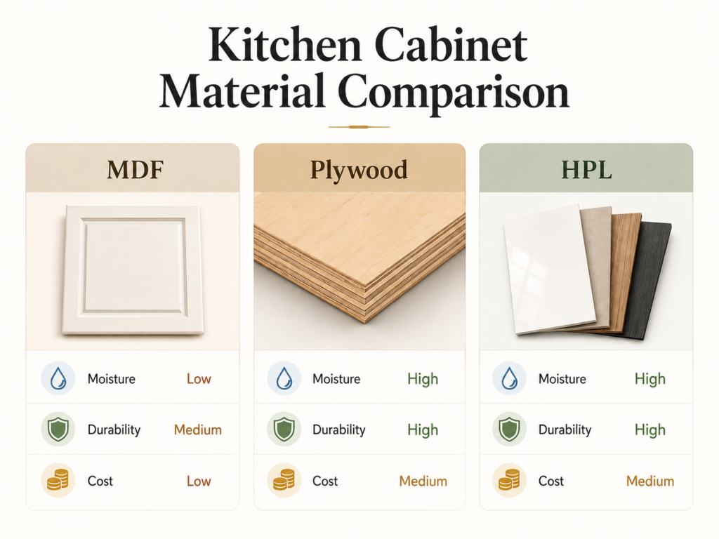 Infographic comparing MDF plywood and HPL kitchen cabinet materials