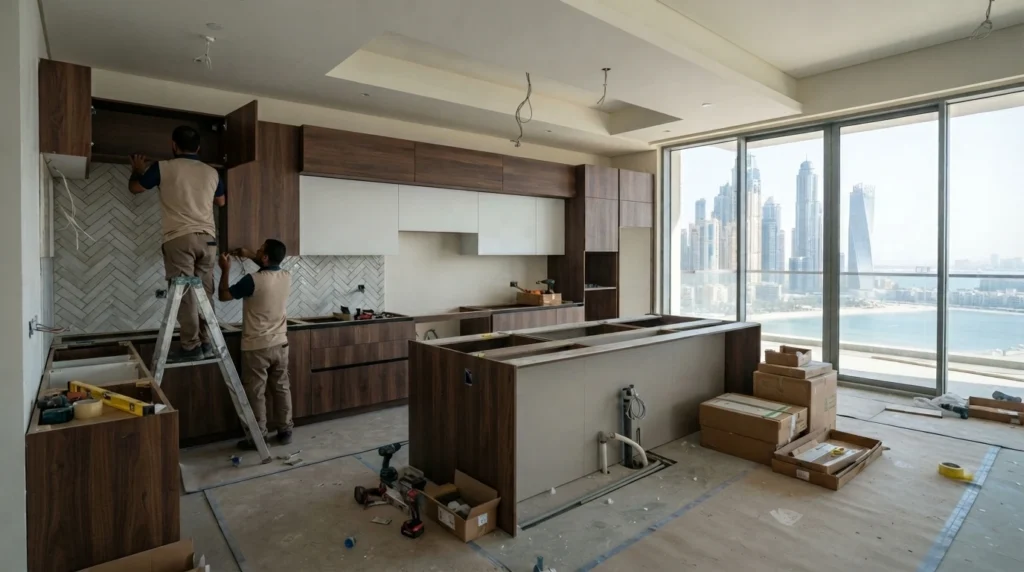Kitchen cabinets Dubai renovation in progress with new cabinetry