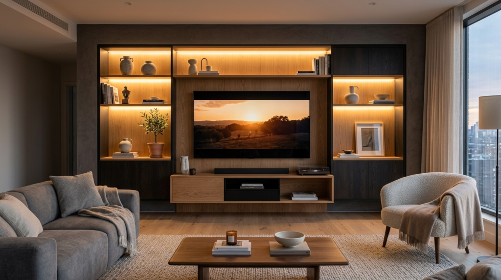 TV wall panel design with LED lighting in Dubai home