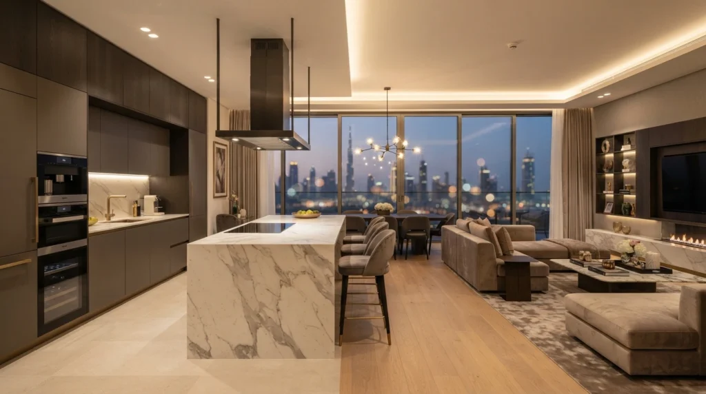 Open plan kitchen design trend in Dubai home