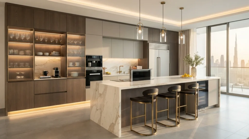 Modern kitchen cabinets Dubai finished project with custom cabinetry