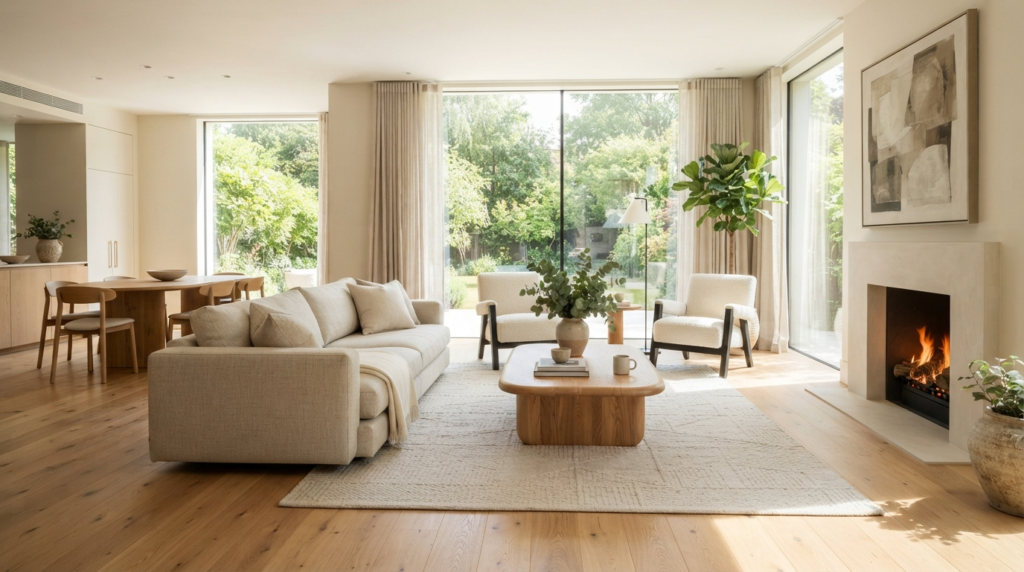 Wooden flooring in a modern Dubai living room with natural light