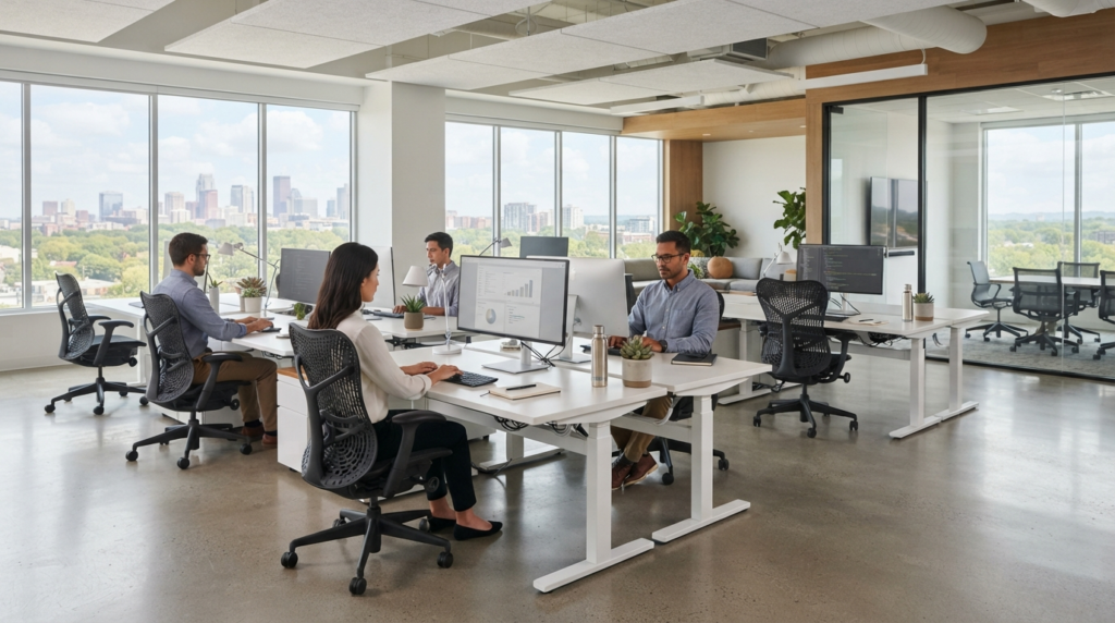 Modern office furniture setup with ergonomic workstations in Dubai