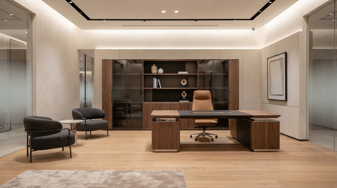 Executive office with walnut desk - custom office furniture manufacturer