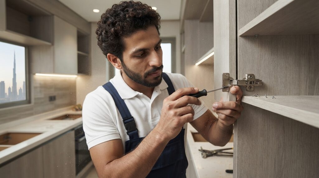 Kitchen cabinet installation Dubai technician fitting cabinet doors