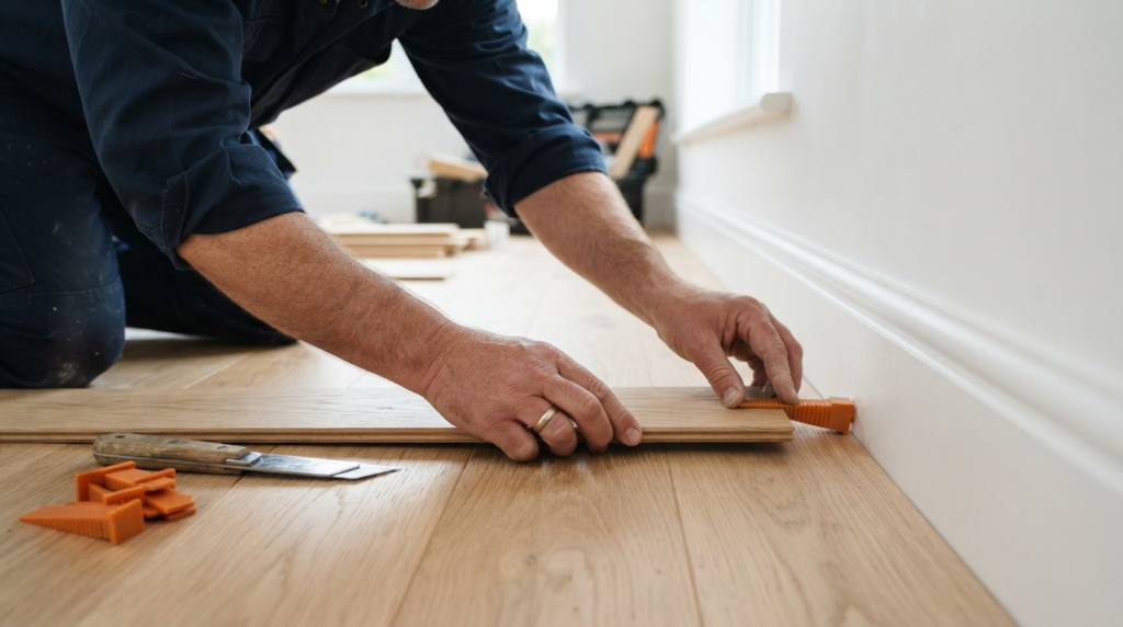 Technician performing wooden flooring installation Dubai homeowners trust