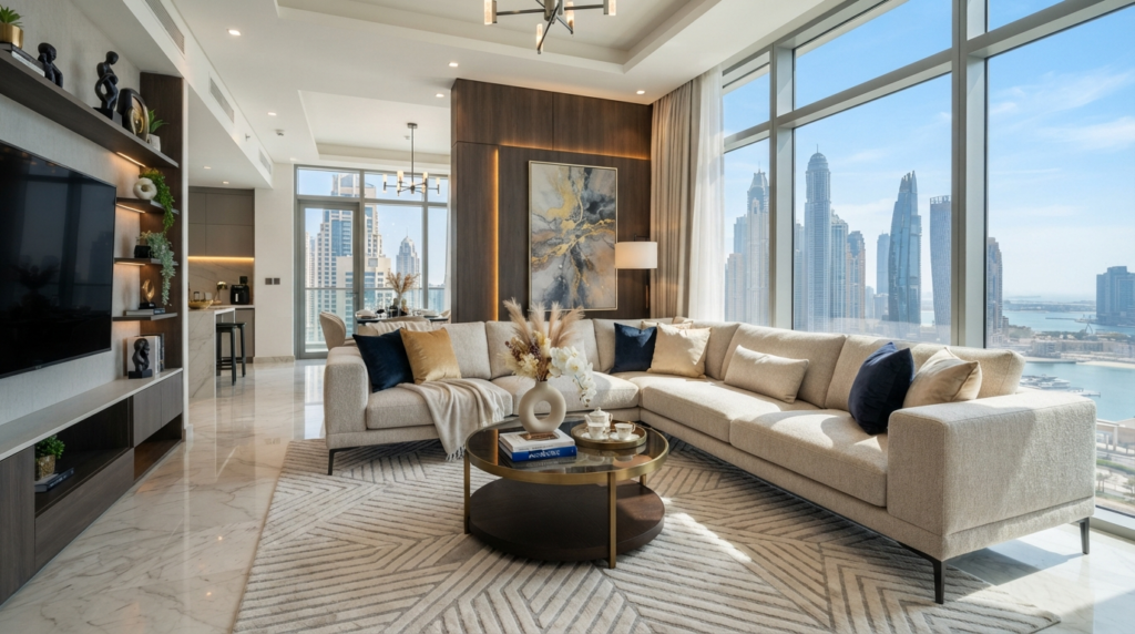Custom L shape sofa Dubai living room design