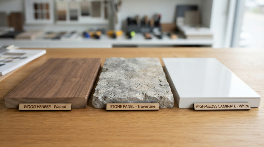 Media wall material options including wood veneer, stone panel, and high-gloss laminate
