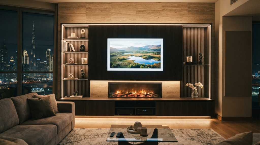 Custom media walls Dubai with integrated LED lighting and fireplace feature