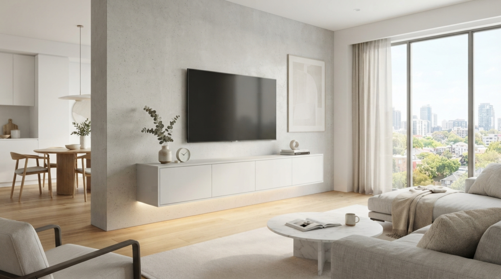modern tv unit Dubai floating design with lighting
