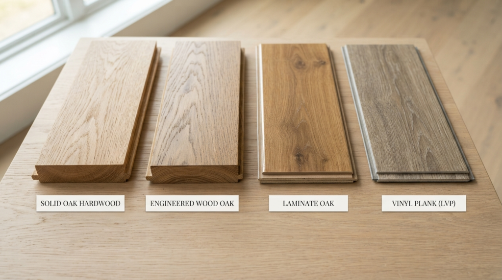 Comparison of wooden flooring, engineered wood, laminate, and vinyl flooring samples