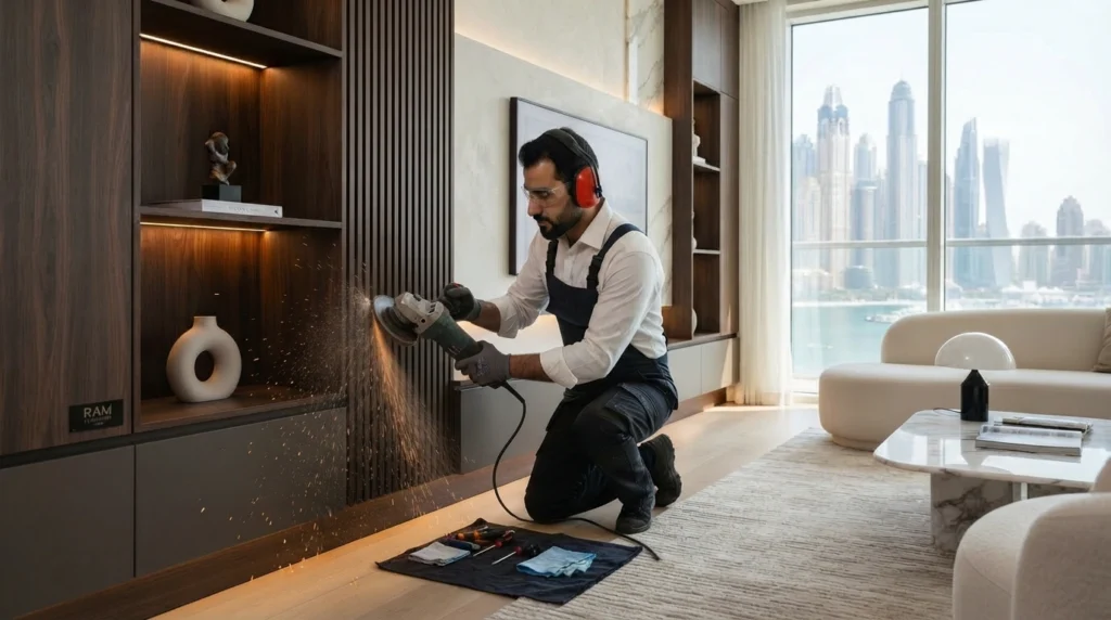 Ram Furniture team installing a custom media wall in Dubai
