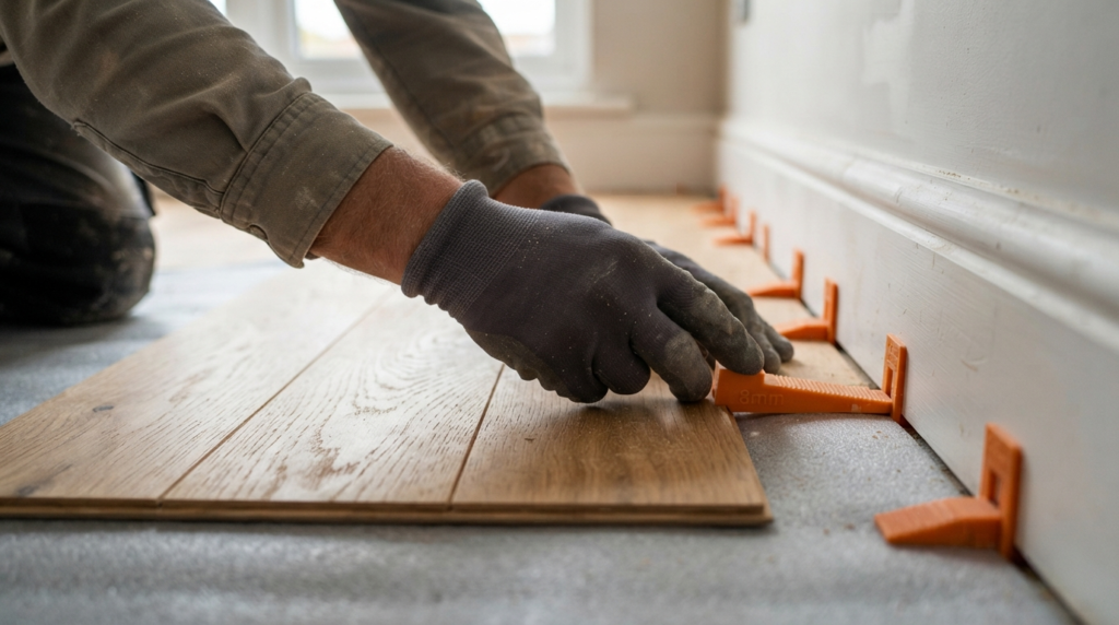 Installer placing expansion gap spacers during wooden flooring installation