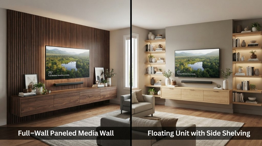 Living room media wall layout comparison showing full-wall paneling and floating unit design