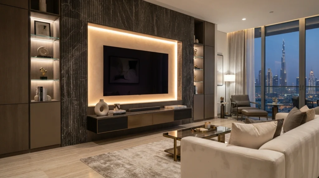 Backlit LED media wall design in a Dubai living room