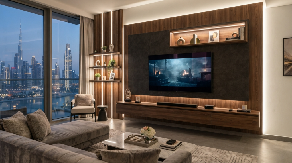 Modern media wall design with wood paneling and floating shelves in a Dubai living room