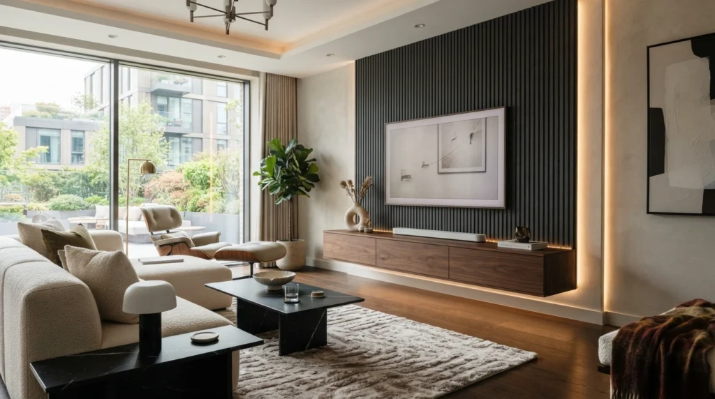 Modern media wall design with a floating minimalist TV console