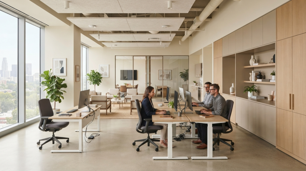 Organized office interior furniture with clean storage and calming layout